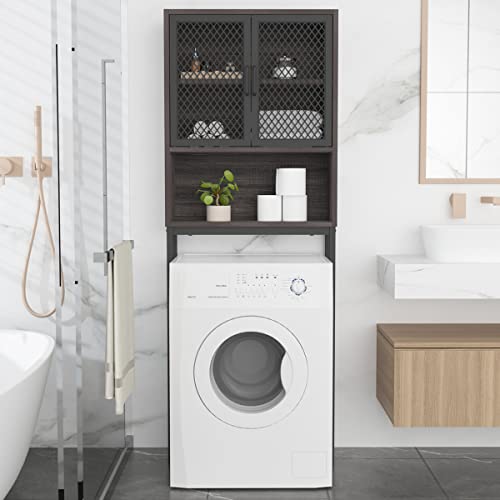 Launica Over The Toilet Storage Cabinet, Industrial Bathroom Organizer Above Toilet, Bathrooms Space Saver Stand with Shelf, Wood and Metal Freestanding Bathrooms Rack Behind The Toilet, Dark Gray Oak - color: Dark Gray Oak