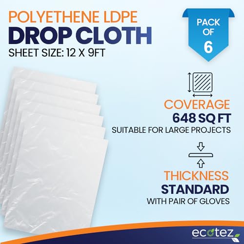 6 Pack 12 x 9 ft Extra Large Plastic Drop Cloth for Painting - Light & Durable Tarp Cover for Furniture - Plastic Clear Tarp Waterproof - Paint Floor Covering - Painters Drop Cloth Sheeting - size: 6 Pack