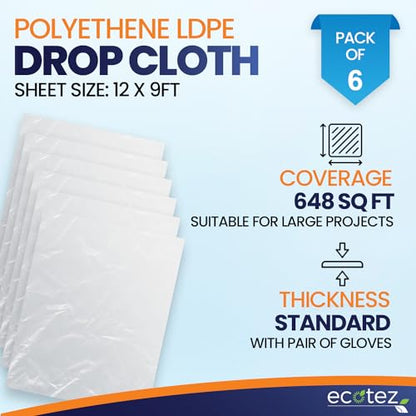 6 Pack 12 x 9 ft Extra Large Plastic Drop Cloth for Painting - Light & Durable Tarp Cover for Furniture - Plastic Clear Tarp Waterproof - Paint Floor Covering - Painters Drop Cloth Sheeting - size: 6 Pack
