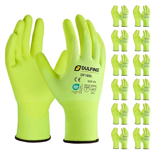 DULFINE Safety Work Gloves for Men & Women, MicroFoam Nitrile Coated Nylon Black Grip for General Purpose, 3/6/12/36 Pairs - color: Yellow, size: Small