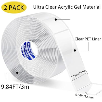 ZOMPAGO Double Sided Tape 2 Rolls 1.18in x 9.84FT Clear Heavy Duty Mounting Tape for Walls Picture Hanging Carpet Adhesive Acrylic Strong Removable No Damage - size: 2 Rolls 1.18in X 9.84ft