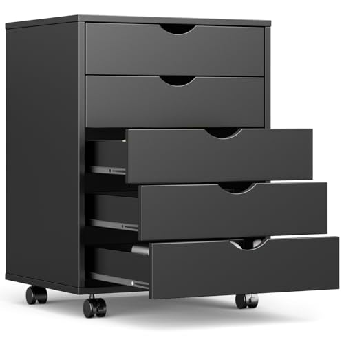 OLIXIS 5 Drawer Mobile File Cabinet Under Desk Storage Organization with Wheels Vertical Filing Chest Rolling Wood Small Desk Printer Stand for Home Office, 15.75"D x 18.74"W x 25.39"H, Black - color: Classic Black, size: 5-drawer