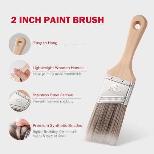 Mister Rui 2" Paint Brushes, 3 Pack, Angle Paint Brush Set for Latex and Oil Paints & Stains, Home Improvement - Interior & Exterior Use, 2 Inch Cut-in Trim Brush