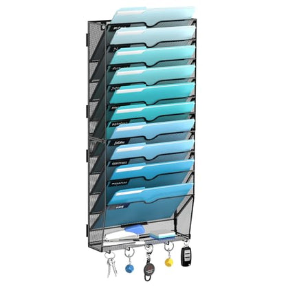 11 Tier Wall File Organizer - Hanging File Organizer with 5 Hooks, Mail Holder Wall Mounted for Papers, Folders, Magazines, Bills, Office&School Organization, Black - size: 11 Tier-Black