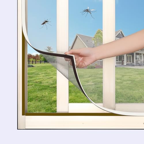 DIY Magnetic Window Screen with Adjustable Size | Easy and Fast Installation, Window Screen net kit White Frame with Gray Fiberglass mesh - size: 58"x36"(147x91cm)