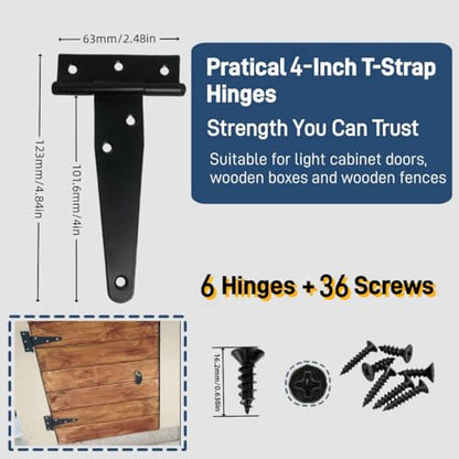 6 Pack 4 Inch Black Hinges T-Strap Hinges for Wood Doors, Steel Black Powder Coated Outdoor shed Door Hinges/barn Door Hinges, gate Hinges for Wooden Fences, Includes Screws (Light Duty) - size: 4IN-6PCS