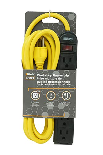 Woods 4666 Grounded 6-Outlet Workshop Power Strip, Black, with 8-Foot Yellow Cord,