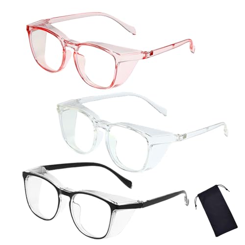 Safety Glasses for Men Women, Anti Fog Safety Goggles Comfortable Blue Light Blocking UV Protective Adult Nurse - color: Black Pink Clear 3pack