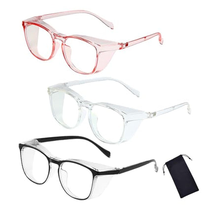 Safety Glasses for Men Women, Anti Fog Safety Goggles Comfortable Blue Light Blocking UV Protective Adult Nurse - color: Black Pink Clear 3pack