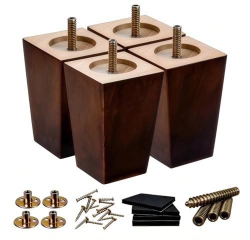 SHANJUE 5 Inch Wood Furniture Legs, Square Rubberwood Sofa Feet Replacement (Pack of 4) with 5/16" & M8 Bolts for Mid-Century Dresser, Ottoman, Recliner, MCM Couch Repair - size: 5 inches