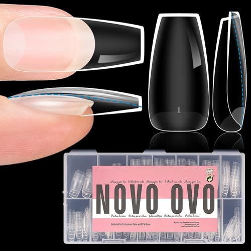 NOVO OVO Extra Thick Coffin Nail Tips Press on Natural Curve, Medium Soak Off Soft Gel Fake Nail Extension, Full Cover Matte Cuticle False Nails for Acrylic French, Salon DIY x 14 Sizes 336 pcs - color: Medium Coffin Extra Thick