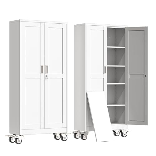 erosoei 71" H Metal Garage Storage Cabinet, Rolling Tool Cabinet with 2 Doors and Wheels, Locker Steel Cabinet with 4 Adjustable Shelves, Organization Cabinet for Garage,Office,Home,Gym,School（White） - color: White, size: 71"With wheels and locks