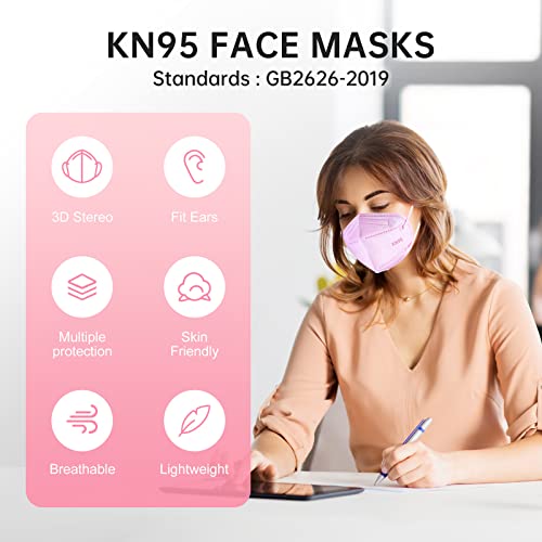 KN95 Face Mask 20pcs 5-Ply Cup Dust Face Mask Filtration Efficiency ≥95% with Elastic Ear Loop and Nose Bridge Clip Individually Packaged(Pink)