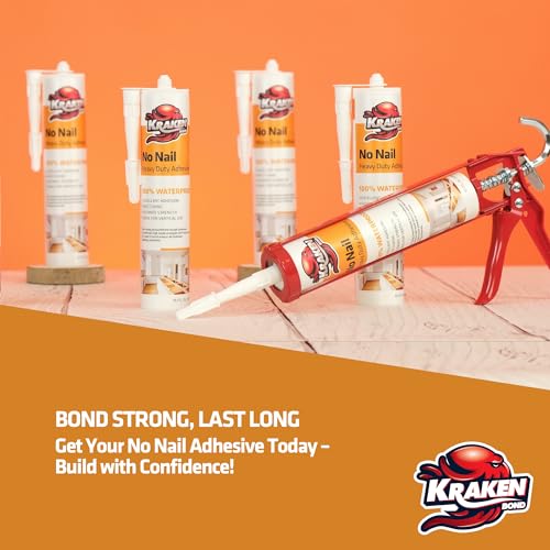 Kraken Bond No More Nails Heavy Duty Clear Adhesive - (12x10.1 Fl Oz) 100% Waterproof & Extra Strong Polyurethane Construction Sealant for Wood, Ceramic, Tile, Floor, Granite, Rubber - 12 Pack - size: 12 Pack, style: No More Nails Heavy Duty Adhesive