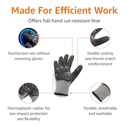 Amazon Basics Impact Protection Work Gloves - Cut Level A2, ANSI Level 4 Abrasion, Touchscreen Compatible, 15G Sandy Nitrile Palm, XX-Large, Black with Black Edge - size: XX-Large