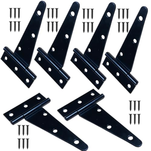 5 Inch Heavy Duty Door Hinges, 6 Pack Black Hinges T Strap Hinges, True 2.0mm Thick Reinforced Steel, Complete Screws Included, Shed Door Hinges & Gate Hinges for Wood and Metal Doors, Outdoor Use - size: 5IN-6PCS