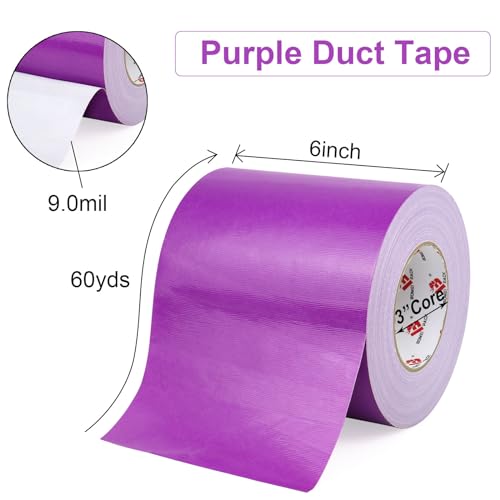 BOMEI PACK 6" Purple Duct Tape Heavy Duty,6 Inch x 60 Yards Purple Wide Rol Tape,Strong Strength,Flexible,No Residue,Waterproof and Tear by Hand,Multi-Use for Indoor & Outdoor Repairs - color: Purple