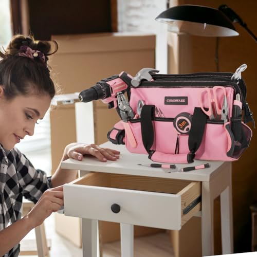 COMOWARE 13-Inch Tool Bag, Pink Soft Storage Bags with Inside Pockets, Wide Mouth Pink Tool Tote Bag - color: Pink