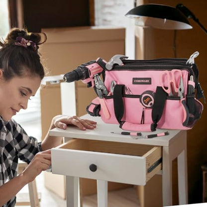 COMOWARE 13-Inch Tool Bag, Pink Soft Storage Bags with Inside Pockets, Wide Mouth Pink Tool Tote Bag - color: Pink