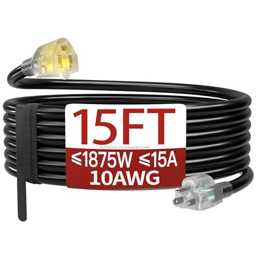 15 FT 10 Gauge Extension Cord Outdoor, Heavy Duty Weatherproof & Flame Retardant Black 3 Prong Power Cord with Light, Outside for Lawn & Garden, 15 Amps 1875 Watts 125 VAC 10AWG SJTW, ETL Listed - color: Black, size: 15FT, style: 10AWG
