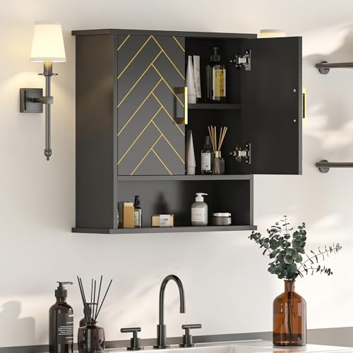 Black Chevron Pattern Bathroom Wall Cabinet, Modern Hanging Medicine Cabinet with Gold Hardware, Space-Saving Over Toilet Storage Organizer (23 5/8" x 22 7/8" x 7 1/8") - style: Chevron Pattern-Black