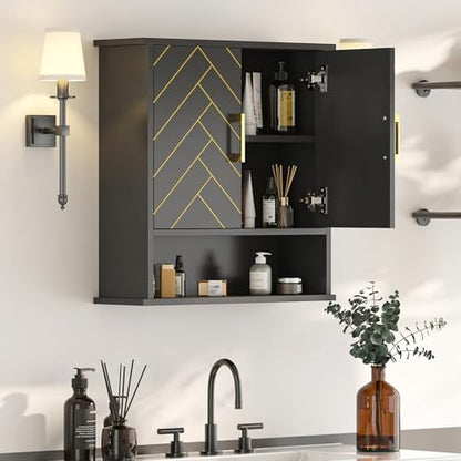 Black Chevron Pattern Bathroom Wall Cabinet, Modern Hanging Medicine Cabinet with Gold Hardware, Space-Saving Over Toilet Storage Organizer (23 5/8" x 22 7/8" x 7 1/8") - style: Chevron Pattern-Black