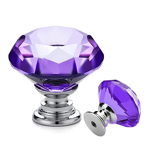 Ravinte 5 Pack Purple Crystal Knobs for Dresser Drawers - 30 mm Glass Cabinet Diamond Shaped Knobs with Silver Base - color: Purple