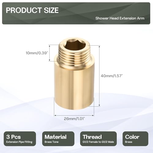 Shower Head Extension Arm, Brass G1/2 Male to Female Thread 40mm/1.57" Length Extender Pipe Fitting Nipple for Showers, Faucets, and Plumbing with PTFE Thread Seal Tape 3 Pack - size: 40mm/1.57"