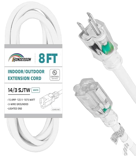 Indoor Outdoor Extension Cord Weatherproof with Lighted End, UL Certified, 14 Gauge 8FT White 3 Prong Heavy Duty, 14/3 SJTW 15A Power Cord for Outdoor Lights, Lawn - size: 8FT, style: 14/3