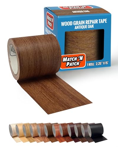 MATCH 'N PATCH Wood Grain Repair Tape - Antique Oak, 2.25 in x 15 ft (1-Pack) – Wood Grain Colored Duct Tape for Mirror Frame, Trim, Borders, Floor and Other Furniture, Scratch Repair Kit - color: Antique Oak