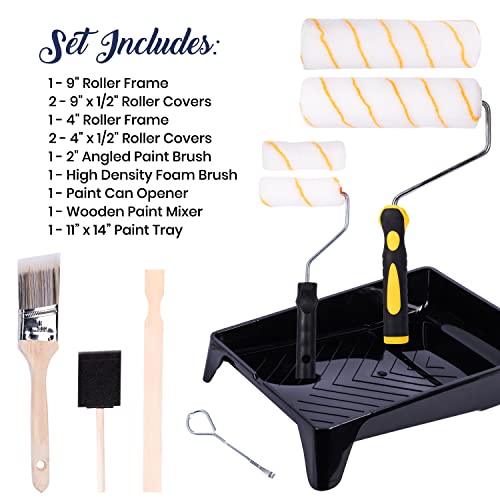 All Purpose Canvas Drop Cloth 4x12 Tarp, Canvas Fabric Drop Cloth Curtains, Drop Cloth for Painting & Painting Tool Kit with Roller Covers, Roller Frames, Brushes and Tray for Household Painting