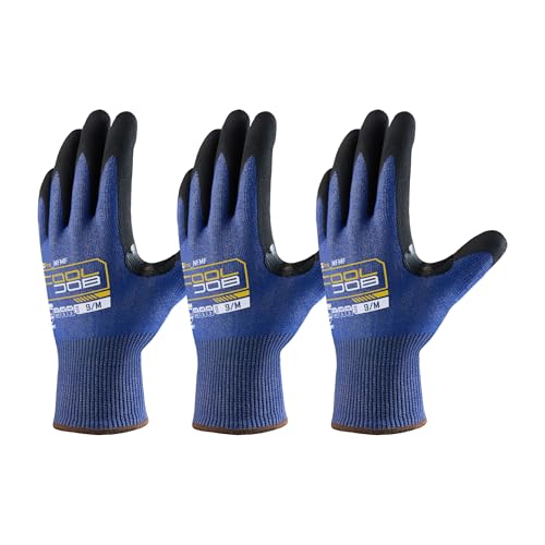 COOLJOB A5 Fiberglass Free Cut Resistant Gloves for Men, Touchscreen, Grip Nitrile Coated, No PFAS, Non Slip, Soft & Durable - color: Blue (Pack of 3), size: Small
