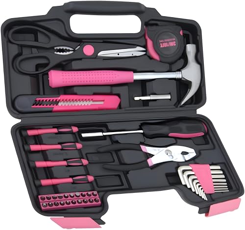 39-Piece Household Tools Kit - Portable and Essential Repair Set Ideal for Women, College Students, Home Use & More (39p-Pink) - color: Pink