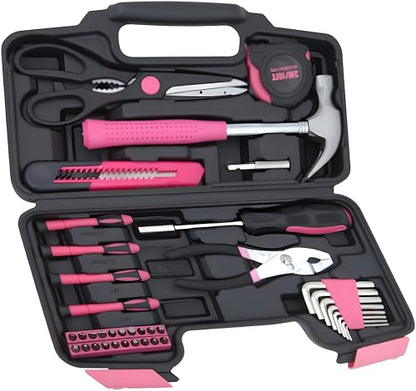 39-Piece Household Tools Kit - Portable and Essential Repair Set Ideal for Women, College Students, Home Use & More (39p-Pink) - color: Pink