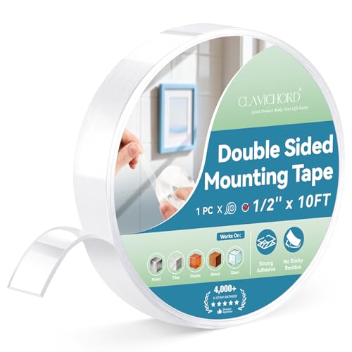 CLAVICHORD Double Sided Tape Heavy Duty, Clear Acrylic Mounting Tape, Strong Adhesive, Removable, No Residue, Transparent Nano Tape for Wall Decor, Poster, Picture Hanging, DIY Crafts (1/2’’x10FT) - size: 0.5“