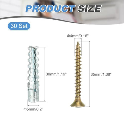 PATIKIL 30 Pcs Drywall Hollow Wall Anchors with Screws 0.16 x 1.38, Steel Dry Wall Anchors Kit for Wooden Concrete Plaster Hinge Hole Repair, Silver (5 x 30mm) - size: 5 x 30mm