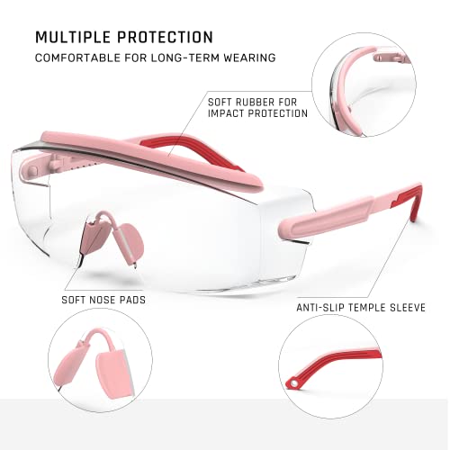 Anti Fog Safety Glasses Safety Goggles Over Glasses Protective Glasses with Anti Scratch Lenses Adjustable - color: 2 Pack (Pink + White)