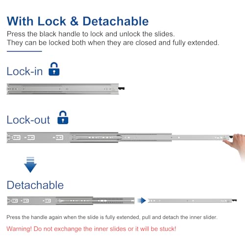 VADANIA 28" Heavy Duty Drawer Slide with Lock #D51, 150lb Load Capacity, 3-Fold Full Extension, Ball Bearing Lock-in & Lock-Out, Side Mount, 1-Pair - size: 28 Inch, style: #D51 (51mm wide)