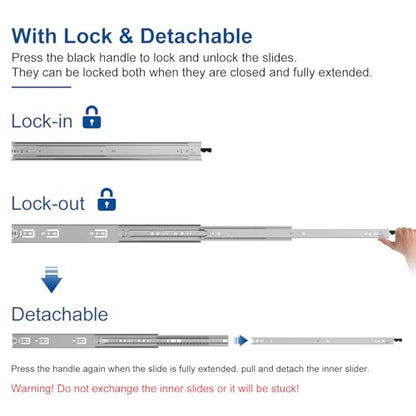 VADANIA 18" Heavy Duty Drawer Slide with Lock #D51, 150lb Load Capacity, 3-Fold Full Extension, Ball Bearing Lock-in & Lock-Out, Side Mount, 1-Pair - size: 18 Inch, style: #D51 (51mm wide)