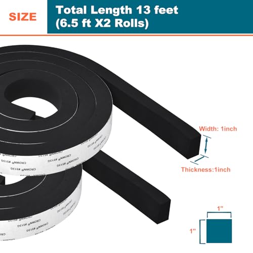 Weather Stripping Door Seal - Adhesive Foam Tape Soundproof Weatherstripping for Windows,1 Inch Wide X 1 Inch Thick,2 Rolls Total 13FT Black,High Density - size: 1In x 1In x 13Ft