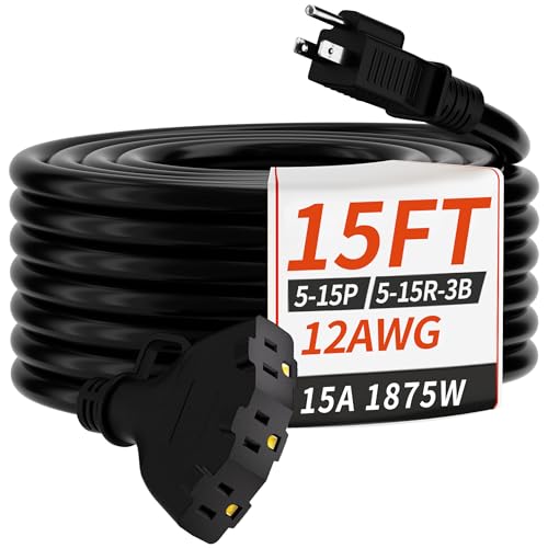 PlugSaf 15 FT 12 Gauge Outdoor Extension Cord with Multiple Outlets, Flexible 3 Outlet Weatherproof Heavy Duty Extension Cord Waterproof Black, 15A 1875W 12AWG SJTW, ETL Listed - size: 15 FT