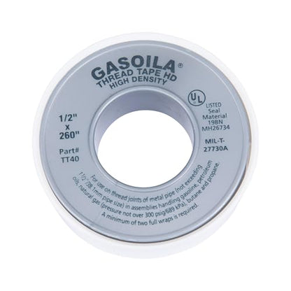 Gasoila PTFE Thread Seal Tape – Professional-Grade, 1/2 Inch x 260 Inch, High-Density Thread Tape for Plumbing, HVAC, Gas Lines, Water Pipes, and Air Compressors – Leak-Proof Seal, Non-Toxic - size: 1/2 Inch x 260 Inch Roll- 1 Pack (High Density)
