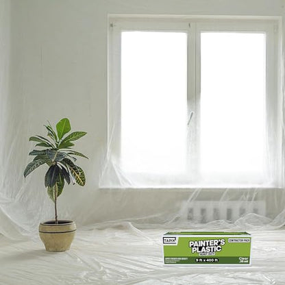 Painter's Plastic Film Heavy Duty 0.39 mil, 400' Length x 9' Width High, High Density Painters Plastic Sheeting Roll in Box with Dispense Hole for Easy Paint Plastic Covering - style: Heavy Duty Painter's Plastic