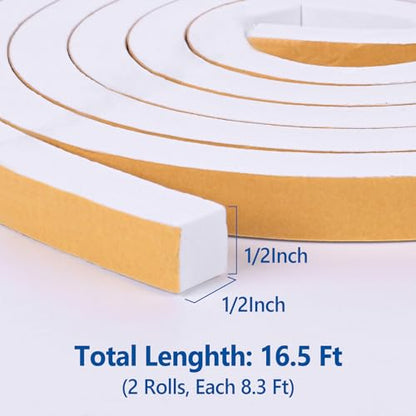 Kikerike Self Adhesive Foam Tape Weatherstrip 1/2in x 1/2in x 16.5Ft High Density Foam Insulation Strips Seal Weather Stripping with Strong Adhesive for Door and Window Sound Isolation Soundproofing - size: 1/2in x 1/2in x 16.5Ft