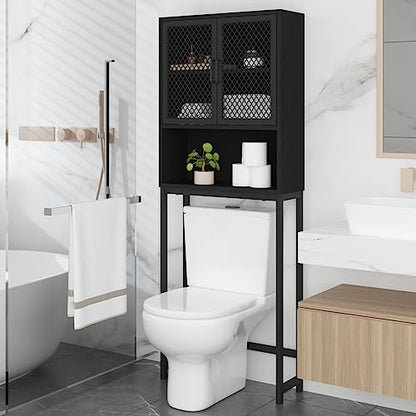 Launica Bathroom Organizer Over Toilet, Wood Metal Over The Toilet Storage, Industrial Bathrooms Space Saver Shelf Over Toilet, Freestanding Bathrooms Cabinet Above Toilet with Rack, Black Oak - color: Black Oak