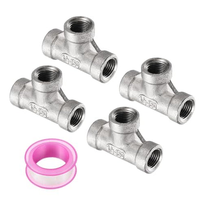 uxcell 4 Pcs 304 Stainless Steel Tee Pipe Fittings G1/8" Female Tee Adapter 3 Way t Shaped Cast Pipe Fitting Connector with Seal Tape for Plumbing Drainage Pipes Heating Systems - size: G1/8"