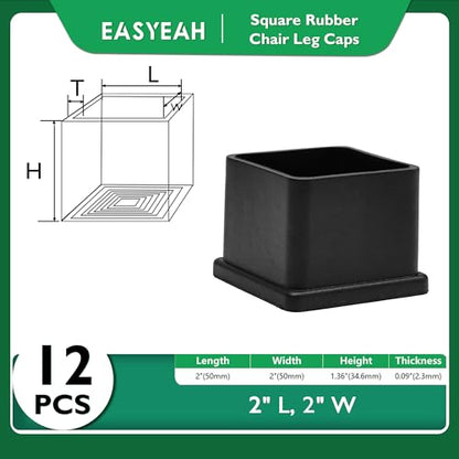 EASYEAH 2" (50mm) Square Chair Leg Floor Protectors, Black Rubber Chair Leg Caps, Non-Slip Patio Furniture Feet Cap, PVC Chair Feet Covers for Hardwood Floors, Tables & Patio Furniture, 12pcs - size: 2" x 2"