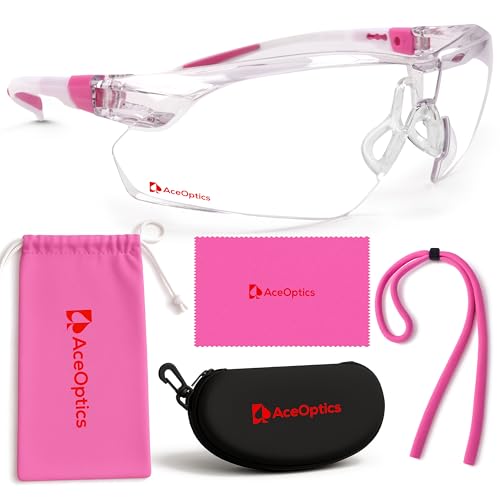 Safety Glasses – ANSI Z87 Certified, 5X Anti-Fog ClearShield™ Lenses with Premium Hard Case & Accessory Bundle - color: Pink & White / Clear