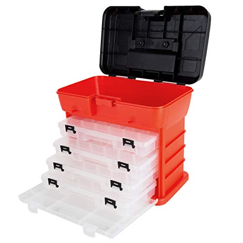 Portable Tool Storage Box - Small Parts Organizer with 4 Multi-Compartment Trays for Fishing Tackle, Hand Tools, or Craft Supplies by Stalwart (Red) - color: Red