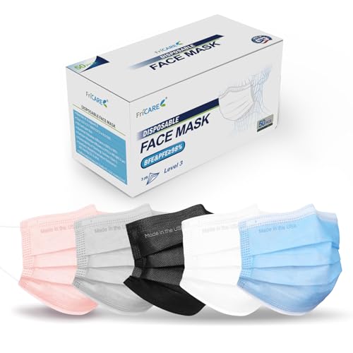 FriCARE Made in USA Disposable Face Masks, 3-Ply ASTM Level 3 Medical Grade, Breathable & Comfortable for Adult Daily Work/Sun Protection, 50 Pack Misty Morning - color: Misty Morning